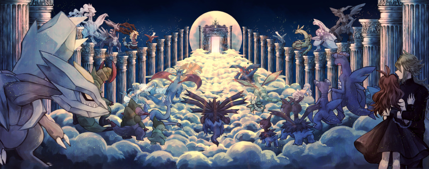 1boy altaria arceus axew bad_id bad_pixiv_id bagon beak bird blue_feathers brown_hair chains cloud colonnade column deino_(pokemon) dialga dragonair dragonite dratini druddigon feathers female fluffy flygon fraxure full_moon gabite garchomp gate gible giratina giratina_(origin) green_hair haxorus highres hilda_(pokemon) hydreigon kabocha_torute kingdra kyurem latias latios moon n_(pokemon) palkia pillar pokemon pokemon_(creature) pokemon_bw pokemon_dppt pokemon_gsc pokemon_rgby pokemon_rse ponytail rayquaza reshiram salamence shelgon vibrava white_feathers zekrom zweilous