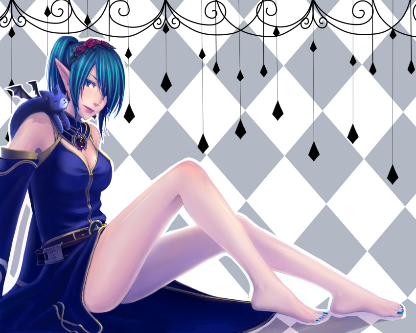 argyle_background bare_legs bare_shoulders barefoot belt blue_eyes blue_hair character_request colored_eyelashes commentary_request creature demon_wings detached_sleeves earrings feline female flower hair_ornament highres jewelry konoe3 legs light_smile lipstick makeup master_of_epic nail_polish pointy_ears rose sitting solo wings