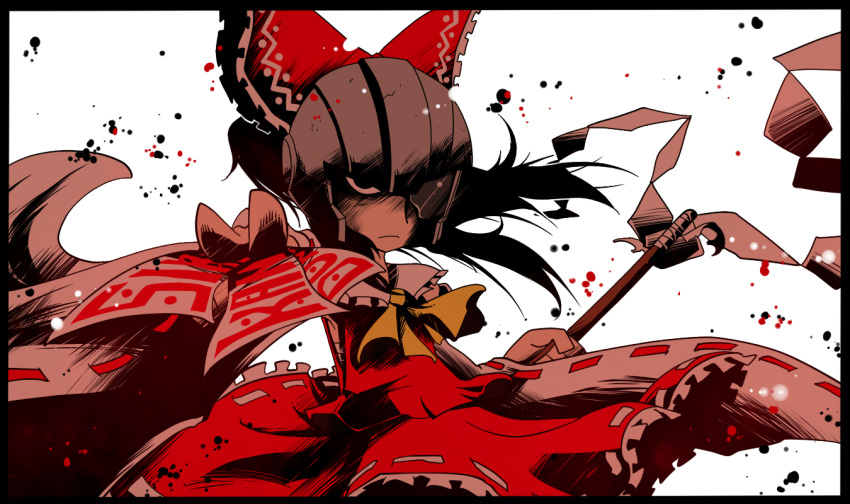 angry ascot black_border black_eyes black_hair border bow commentary_request cosplay crossover female hairbow hakurei_reimu helmet looking_at_viewer masked_man_(mother_3) masked_man_(mother_3)_(cosplay) mother_(game) mother_3 ofuda orange_ascot rariatto_(ganguri) red_ribbon ribbon solo touhou touhou_mother