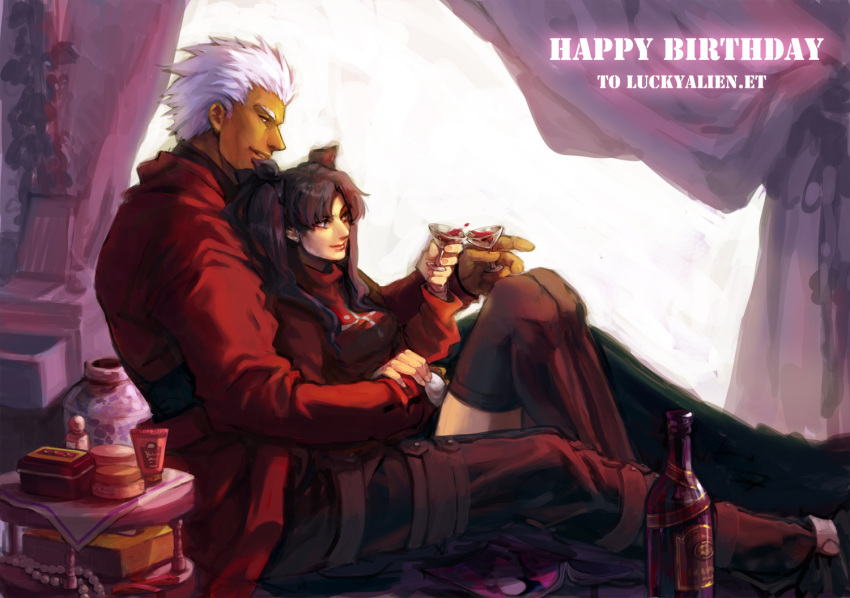 1boy alcohol archer_(fate) black_thighhighs breasts brown_hair commentary_request cup dark-skinned_male dark_skin drinking_glass fate/stay_night fate_(series) female hair_ribbon height_difference jacket long_hair medium_breasts photoshop_(medium) red_jacket ribbon scarlet_desires thighhighs tohsaka_rin turtleneck two_side_up white_hair wine wine_glass