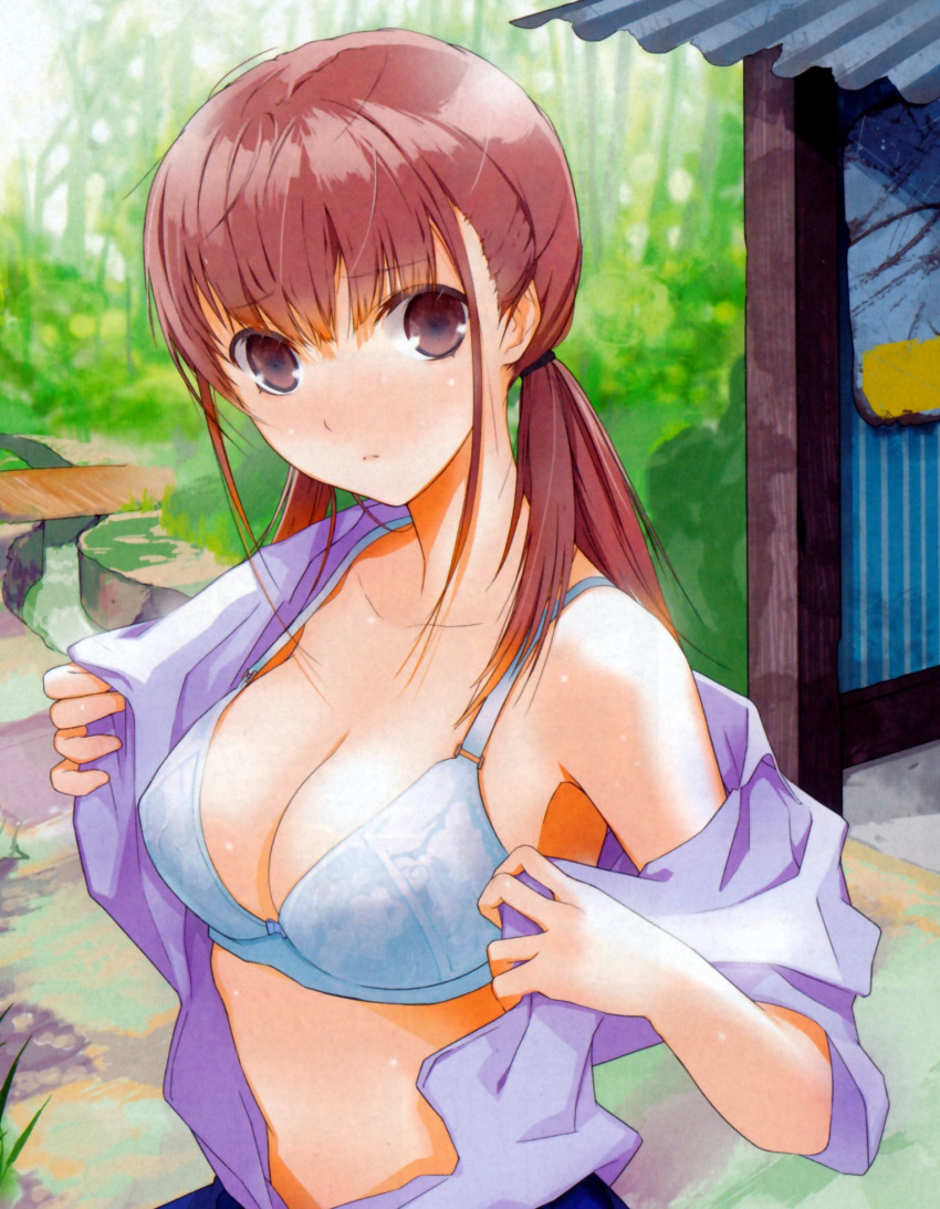 blush bra breasts brown_hair cleavage female fuyuno_haruaki highres large_breasts lingerie looking_at_viewer original shed solo stream underwear undressing white_bra