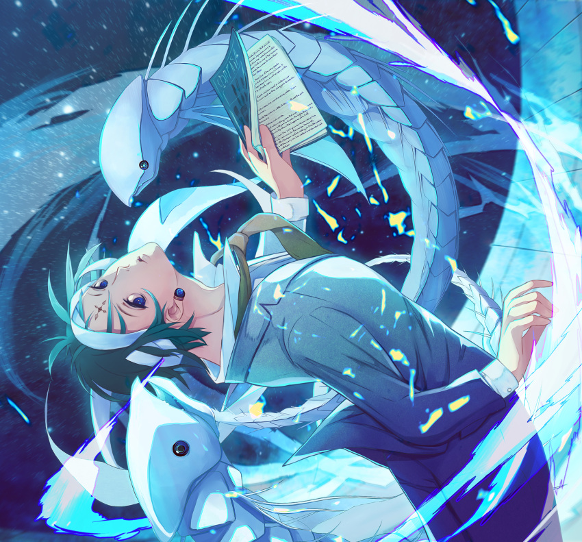 1boy aqua_hair bandages blue_eyes book chrollo_lucilfer commentary_request creature cross_tattoo earrings facial_mark facial_tattoo fish forehead_mark forehead_tattoo formal highres hunter_x_hunter indoor_fish jewelry long_sleeves looking_at_viewer male_focus monster necktie nen_(hunter_x_hunter) saki_(little_crown) short_hair solo suit tattoo