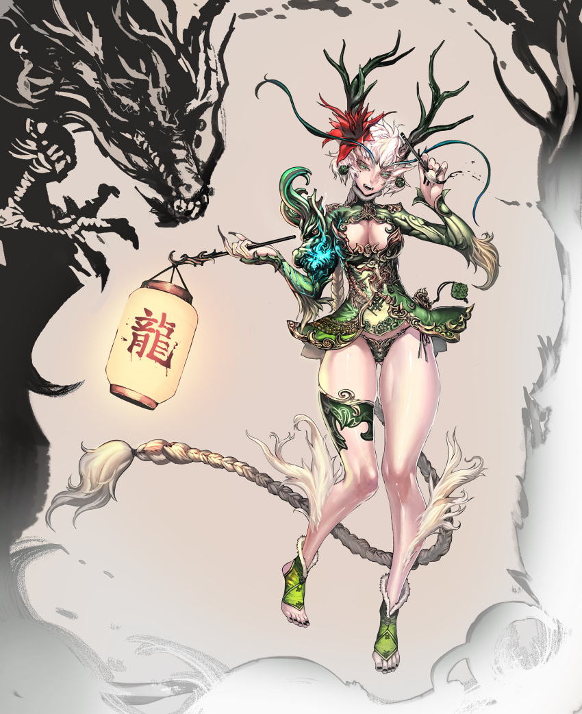 braid breasts brush cleavage commentary_request dragon female fingernails flower hair_flower hair_ornament highres horns jeffr legs long_hair medium_breasts monster_girl nail_polish original photoshop_(medium) single_braid solo thighs toeless_legwear very_long_hair white_hair