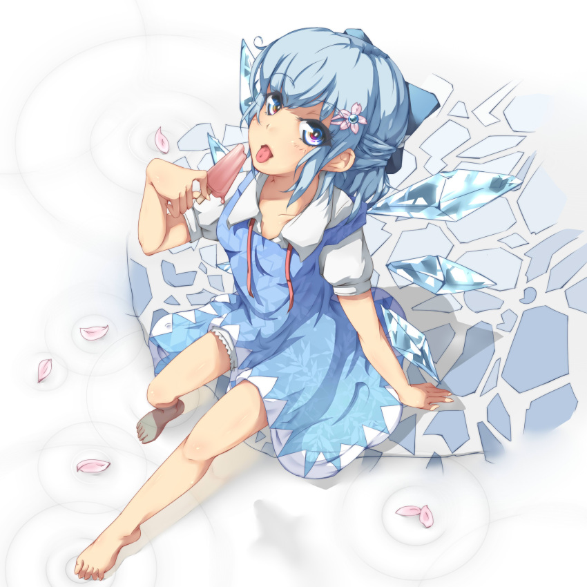 arm_support barefoot blue_dress blue_eyes blue_hair bow breasts cirno collarbone commentary_request dress feet female food full_body gpbeta hair_ornament hairbow highres ice_cream multicolored_eyes neck_ribbon open_mouth petals red_ribbon ribbon short_hair small_breasts solo tongue tongue_out touhou untied water wings