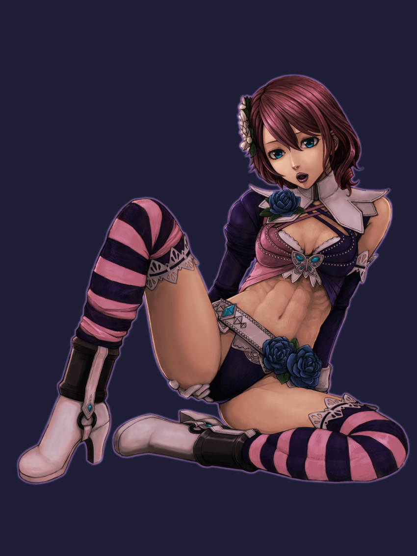 abs alisa_boskonovich belt blue_eyes boots breasts commentary_request elenab female flower hair_flower hair_ornament highres lips medium_breasts midriff muscular panties red_hair ribs rose short_hair skinny solo spread_legs striped_clothes striped_thighhighs tekken tekken_6 thighhighs underwear