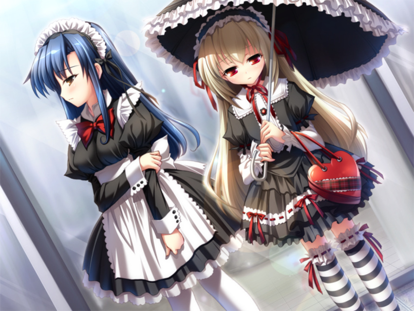 2girls blonde_hair blue_hair character_request frilled_garter frilled_legwear game_cg hair_ribbon hairband happy_wardrobe headdress juliet_sleeves lolita_fashion lolita_hairband long_hair long_sleeves maid maid_headdress morinaga_yukimi multiple_girls parasol puffy_sleeves red_eyes ribbon ribbon-trimmed_clothes ribbon_trim sasahiro skirt striped_clothes striped_thighhighs thighhighs umbrella white_legwear yellow_eyes