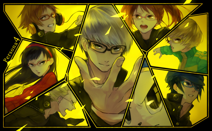 4boys 4girls amagi_yukiko ayaka0415 black_hair blonde_hair brown_hair cabbie_hat cardigan clenched_teeth commentary_request crossdressing everyone glasses grey_hair hairband hanamura_yousuke hat headphones jacket kujikawa_rise kuma_(persona_4) long_hair multiple_boys multiple_girls narukami_yuu open_mouth persona persona_4 popped_collar reverse_trap satonaka_chie school_uniform shirogane_naoto short_hair tatsumi_kanji teeth track_jacket twintails