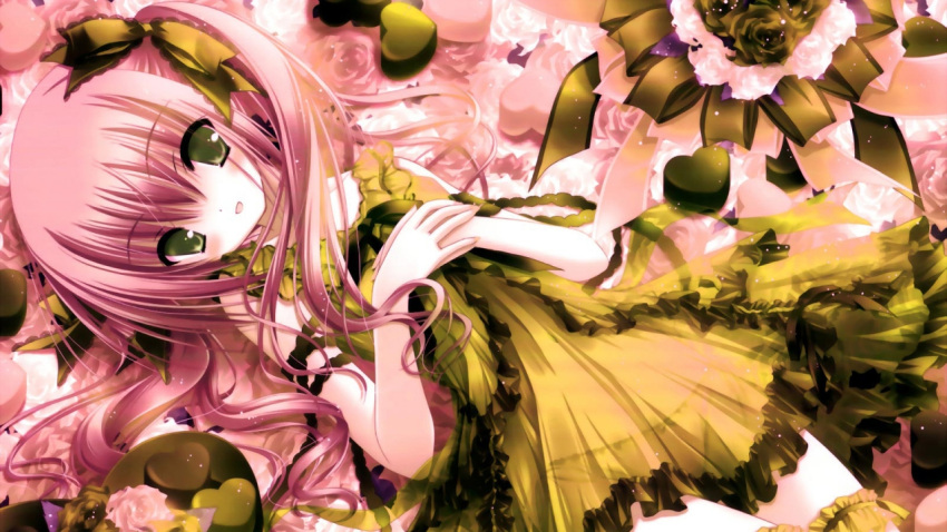 amber_eyes blush chocolate dress female female flower food green_eyes hands_together heart lingerie lolita_fashion long_hair pink_hair ribbon rose smile solo sweets thighhighs underwear valentine valentines yellow_eyes zettai_ryouiki