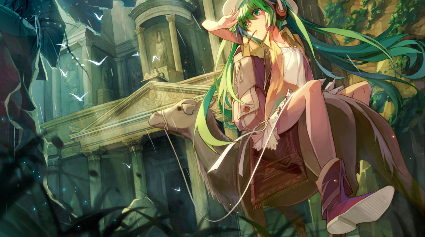 architecture backpack bag bird building camel column commentary_request female food grass greco-roman_architecture green_eyes green_hair hat hatsune_miku headphones jordan leaf long_hair looking_afar mouth_hold petra_(jordan) pillar plant pocky riding scenery shoes solo statue temple twintails very_long_hair vocaloid yayin_(yayin233)