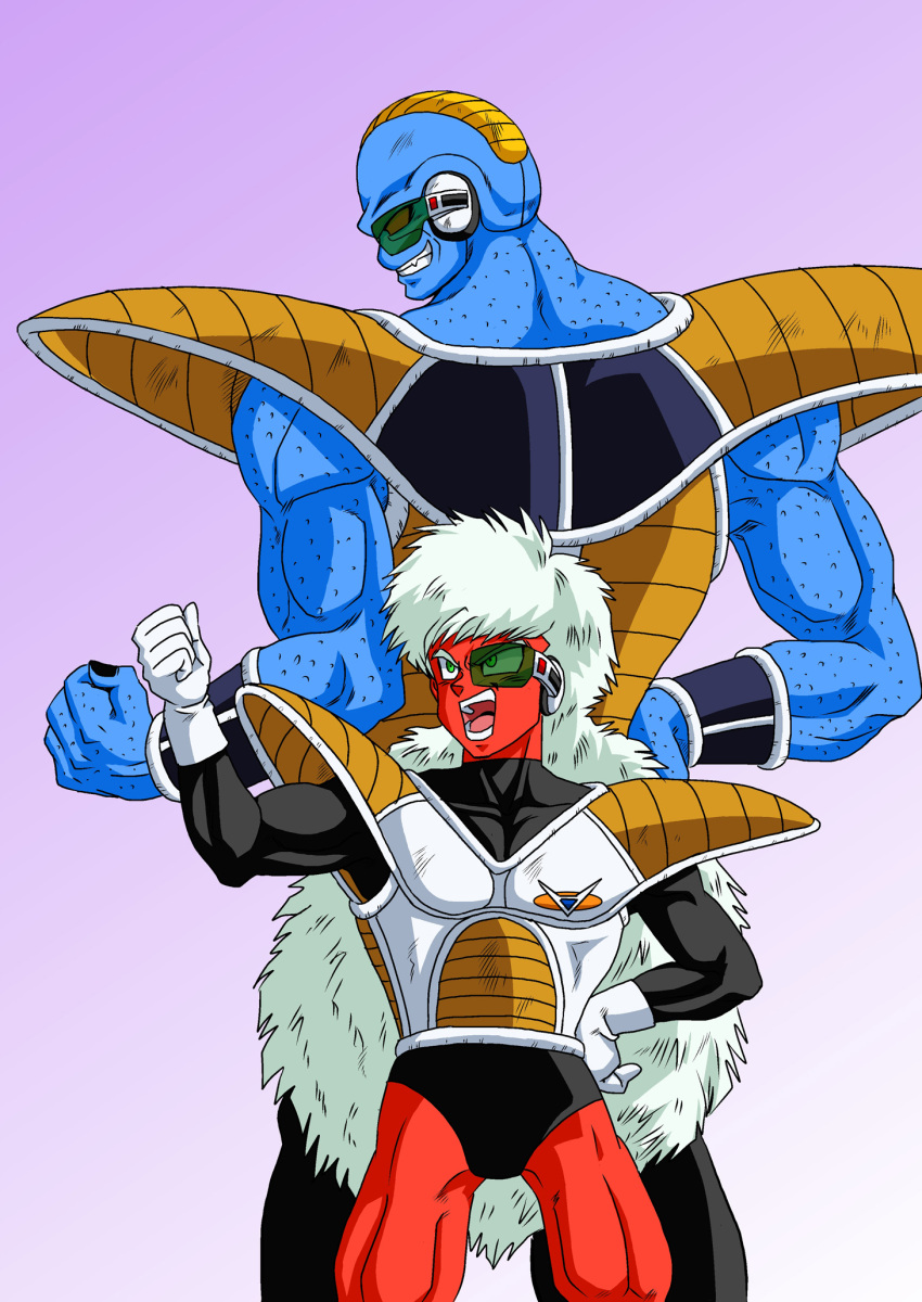 2boys armor back-to-back bad_id bad_pixiv_id blue_skin burter clenched_hand colored_skin dragon_ball dragon_ball_z ginyu_force gloves green_eyes hand_on_own_hip highres jeice long_hair multiple_boys open_mouth photoshop_(medium) red_eyes red_skin saiyan_armor scouter shinomiya_akino size_difference teeth white_hair wristband