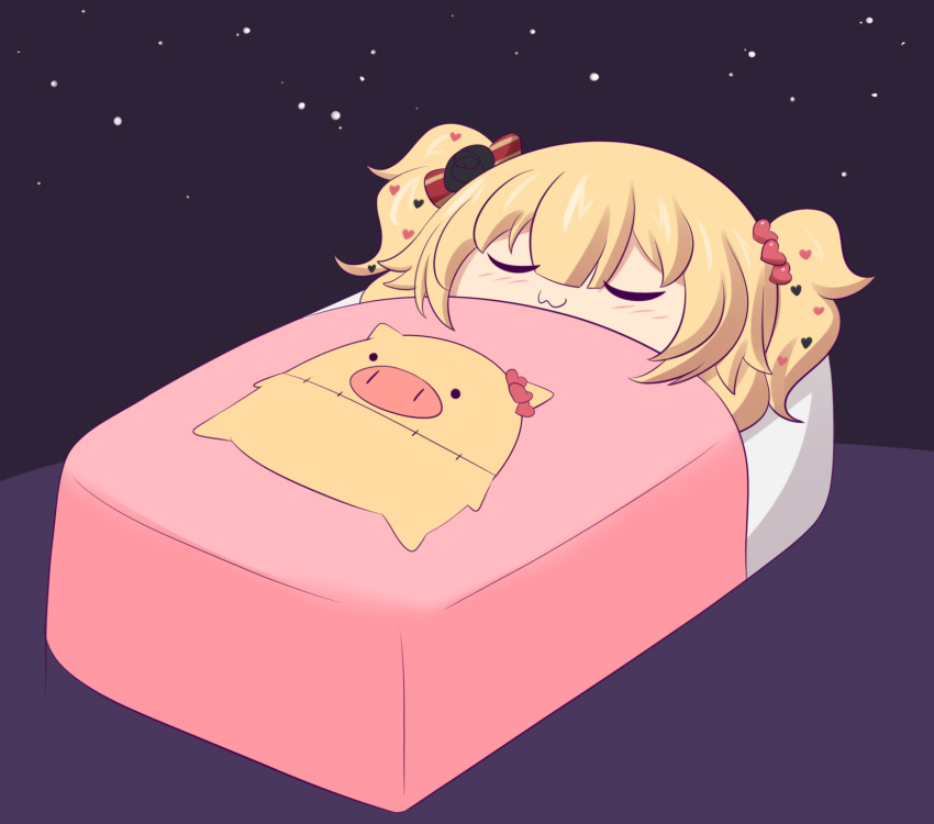 :3 akai_haato blonde_hair blush bow cameo commentary english_commentary female haaton_(akai_haato) hair_ornament hairbow heart heart_hair_ornament highres hololive jcdr sky sleeping solo star_(sky) starry_sky under_covers uwu virtual_youtuber