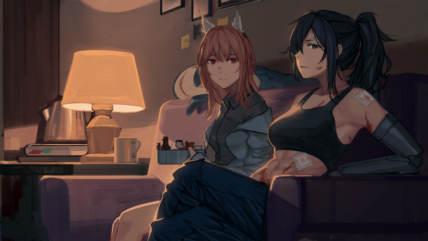 2girls abs angelia_(girls'_frontline) animal_ears bandages black_sports_bra blue_hair cat_ears coffee_mug commentary couch cup dark_blue_hair english_commentary first_aid_kit girls'_frontline highres kettle lab_coat lamp looking_at_viewer mug multiple_girls persica_(girls'_frontline) pink_hair ponytail portable_stove prosthesis prosthetic_arm salty_eyes sports_bra stove