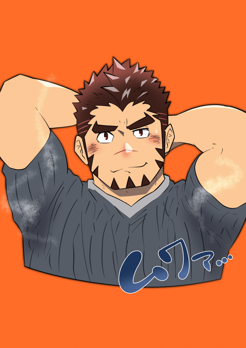 1boy absurdres akashi_(live_a_hero) alternate_hair_color armpits arms_behind_head bara blush brown_hair casual cropped_torso dotsu_(wtnbkwiyd) facial_hair goatee highres live_a_hero long_sideburns looking_at_viewer male_focus official_alternate_costume pectorals red_eyes scar scar_on_face scar_on_nose short_hair sideburns smell smile solo sweat thick_eyebrows toned toned_male upper_body