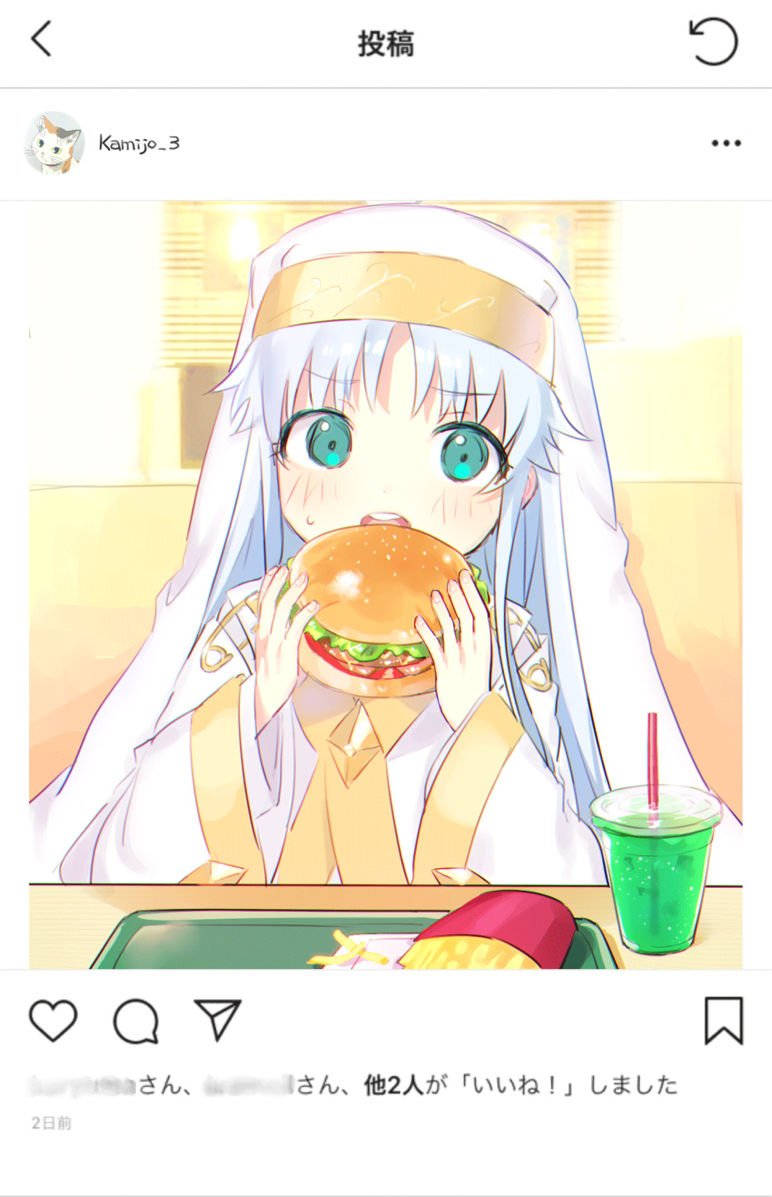 6sb alternate_hair_color aqua_eyes blue_hair burger drink eating fake_phone_screenshot fake_screenshot female food french_fries habit highres index_(toaru_majutsu_no_index) instagram long_hair looking_at_viewer nun open_mouth robe round_teeth safety_pin solo teeth toaru_majutsu_no_index translated upper_body upper_teeth_only