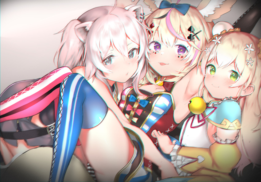 3girls :p aged_down ahoge animal_ears arm_up armpits bare_shoulders blonde_hair blue_thighhighs blush braid breasts bun_cover chromatic_aberration commentary detached_sleeves double_bun english_commentary flower fox_ears fox_girl green_eyes grey_eyes grey_hair hair_between_eyes hair_bun hair_flower hair_ornament highres hololive lion_ears long_hair looking_at_viewer momosuzu_nene momosuzu_nene_(old_design) multicolored_hair multiple_girls omaru_polka omaru_polka_(1st_costume) panties pantyshot pink_legwear purple_eyes revision shishiro_botan shishiro_botan_(1st_costume) smile star-shaped_pupils star_(symbol) striped_clothes striped_panties symbol-shaped_pupils teriibol thighhighs tongue tongue_out underwear upskirt virtual_youtuber x_hair_ornament