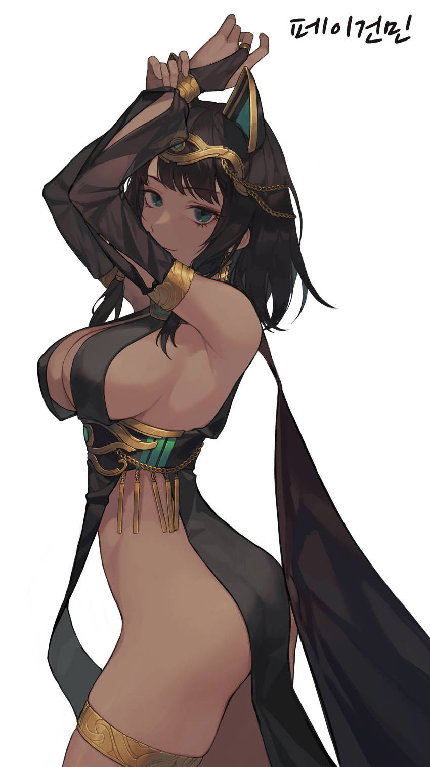 absurdres animal_ears arms_up ass black_hair black_panties breasts bridal_gauntlets closed_mouth contrapposto cowboy_shot dark-skinned_female dark_skin egyptian egyptian_clothes fake_animal_ears female glint green_eyes highres large_breasts looking_at_viewer no_panties original panties photoshop_(medium) rk second-party_source short_hair simple_background smile solo thighlet underwear white_background