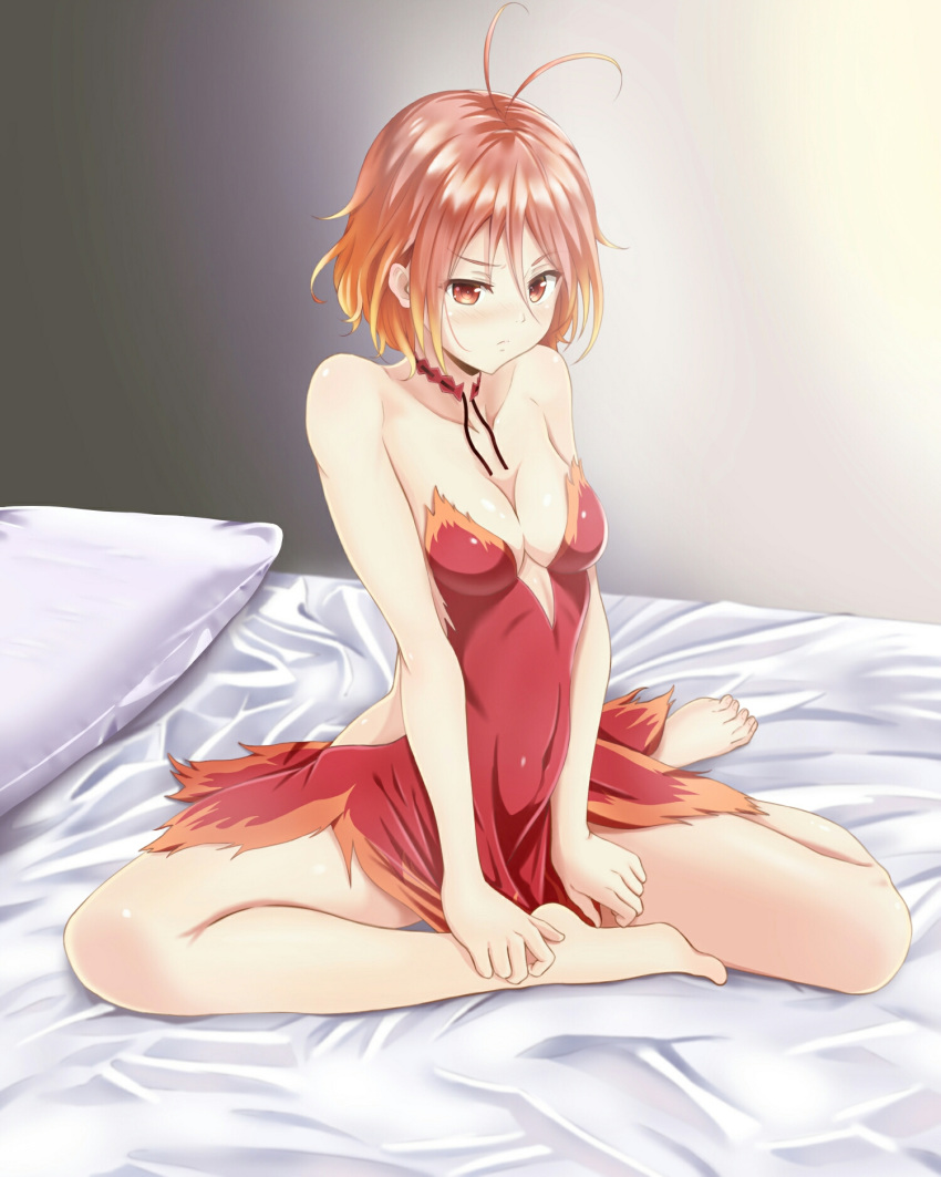 amagi_brilliant_park antenna_hair backless_dress backless_outfit bare_hips barefoot bed_sheet blonde_hair brown_hair closed_mouth commentary_request dress female frown gradient_background gradient_hair grey_background hair_between_eyes highres inoumu multicolored_hair orange_dress pillow red_dress red_eyes revealing_clothes salama_(amaburi) short_hair sitting solo strapless strapless_dress two-tone_dress white_background