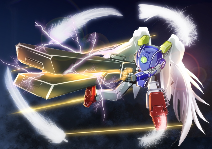 1other electricity feathers fujikusa fusion gun gundam gundam_wing gundam_wing_endless_waltz highres holding holding_gun holding_weapon mecha no_humans northstar_(titanfall) one-eyed pr-01_plasma_railgun railgun robot science_fiction solo space titan_(titanfall) titanfall_(series) titanfall_2 weapon wing_gundam_zero_custom wings