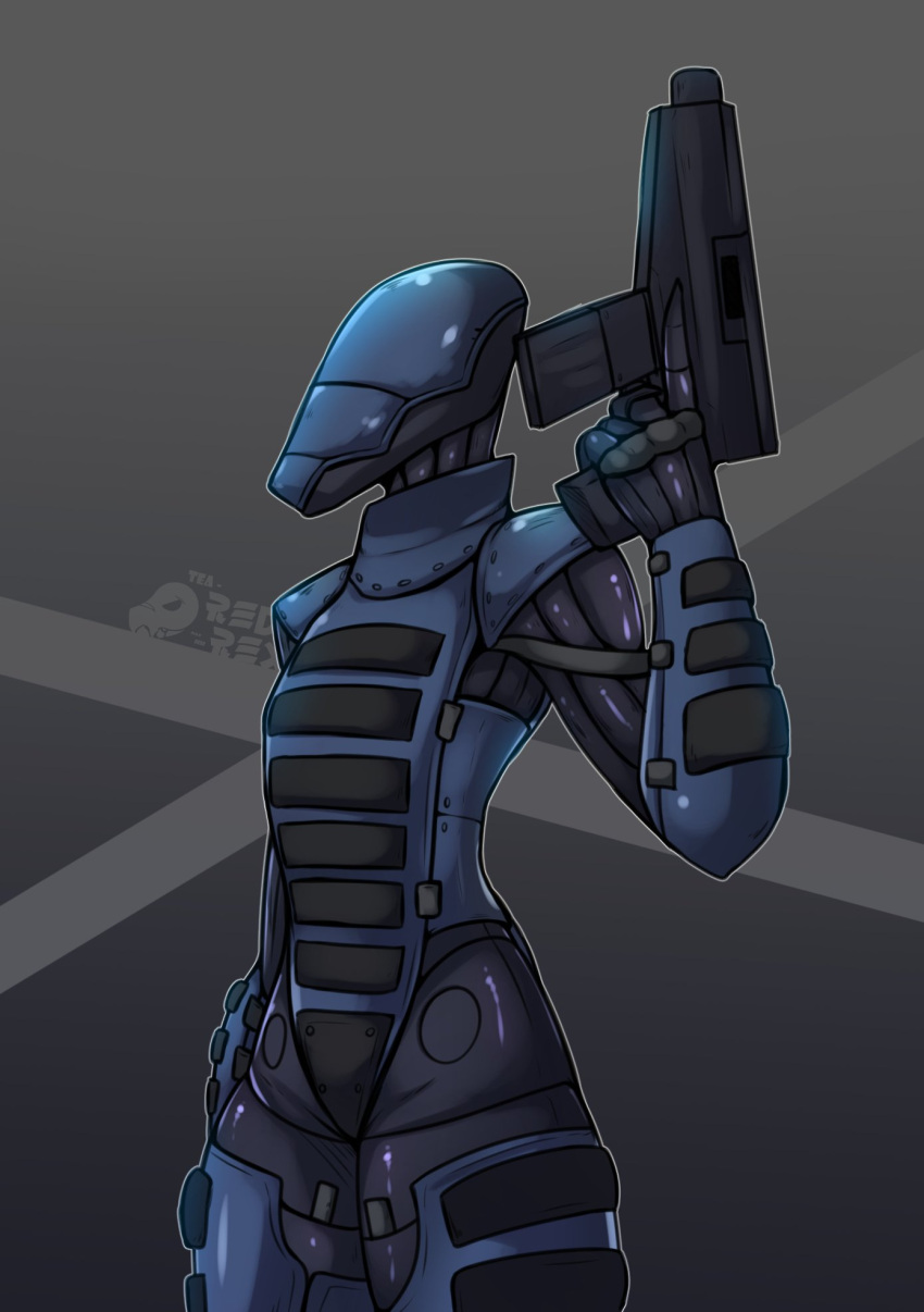 ambiguous_gender android anthro arm_guards armor black_clothing blue_armor body_armor bulletproof_vest clothing codpiece cuisse eyeless female_(lore) futuristic_armor gauntlets gloves gorget gun handwear hi_res holding_gun holding_object holding_ranged_weapon holding_weapon improper_gun_handling leg_armor machine machine_pistol mask mouthless plackart portrait ranged_weapon robot shoulder_guards side_view skinsuit solo sr-22_(dtstat) standing submachine_gun synth_(dtstat) synthetic_muscles tea_redrex three-quarter_portrait tight_clothing vambrace weapon wearing_mask