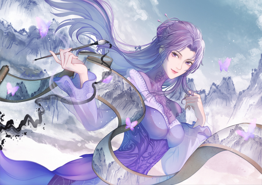 absurdres brush bug butterfly female hair_bun highres ink long_hair mountain needle purple_eyes purple_hair qinshi_mingyue single_hair_bun smile zi_nu_(qinshi_mingyue) zi_nu_zhuye_jun