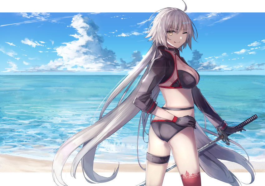 ;q ahoge ass bikini black_bikini black_gloves blue_sky breasts commentary_request cowboy_shot day fate/grand_order fate_(series) female flat_ass gloves highres holding holding_sword holding_weapon jeanne_d'arc_alter_(fate) jeanne_d'arc_alter_(swimsuit_berserker)_(fate) large_breasts left-handed long_hair long_sleeves ocean one_eye_closed outdoors red_thighhighs reverse_grip shrug_(clothing) single_thighhigh sky smile solo standing swimsuit sword thigh_strap thighhighs thighs thkani tongue tongue_out very_long_hair water weapon white_hair yellow_eyes