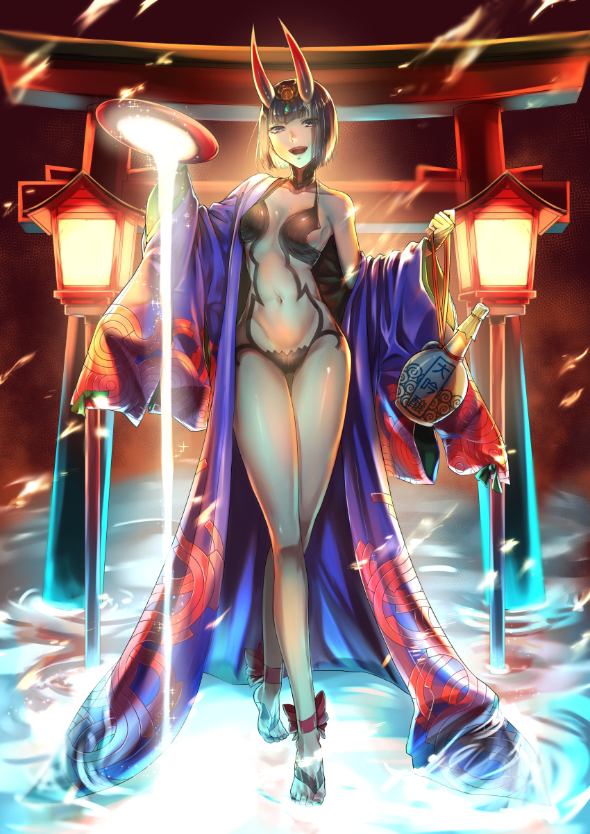 absurdres ankle_ribbon backlighting bare_shoulders barefoot barefoot_sandals_(jewelry) bob_cut breasts collarbone cup eyeliner fate/grand_order fate_(series) feet female full_body headpiece highres horns japanese_clothes jar kimono lamp leg_ribbon legs long_sleeves looking_at_viewer makeup navel oni open_clothes open_kimono open_mouth pouring purple_eyes purple_hair purple_kimono raito_(latek) revealing_clothes ribbon sakazuki short_eyebrows short_hair shuten_douji_(fate) skin-covered_horns small_breasts smile solo standing standing_on_liquid torii wide_sleeves