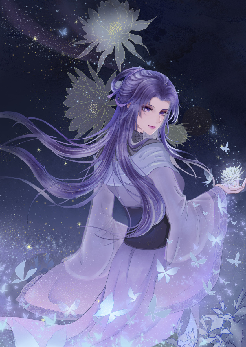 absurdres back bug butterfly china_dress chinese_clothes dress female flower highres long_hair looking_back needle night purple_eyes purple_hair qinshi_mingyue sideways_glance smile zi_nu_zhuye_jun