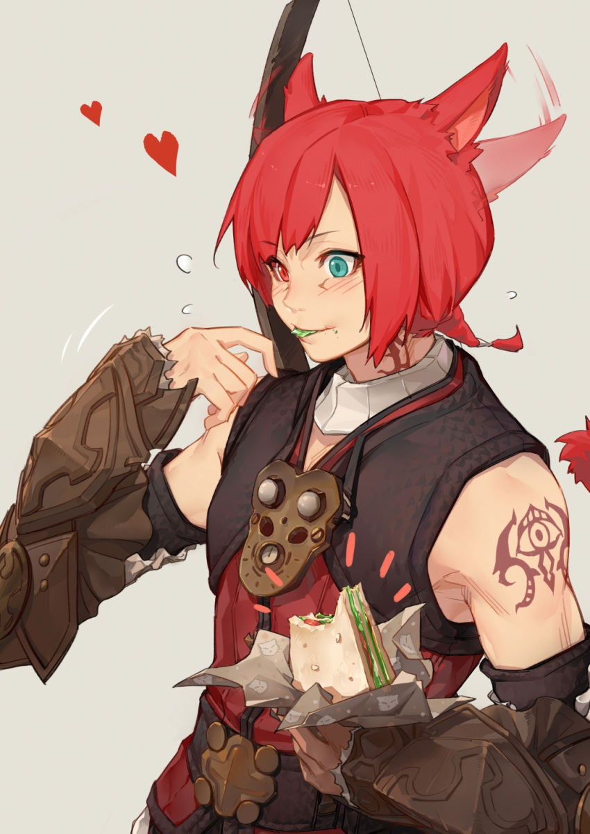 1boy animal_ears archon_mark arm_tattoo armor belt blue_eyes blush bow_(weapon) cat_boy commentary crow0cc ear_wiggle eating eyes_visible_through_hair final_fantasy final_fantasy_xiv flying_sweatdrops folded_fan folding_fan food food_on_face g'raha_tia grey_background hand_fan heart heterochromia highres holding holding_food male_focus miqo'te neck_tattoo ponytail red_eyes red_hair sandwich simple_background smile solo sweatdrop tattoo vambraces weapon weapon_on_back