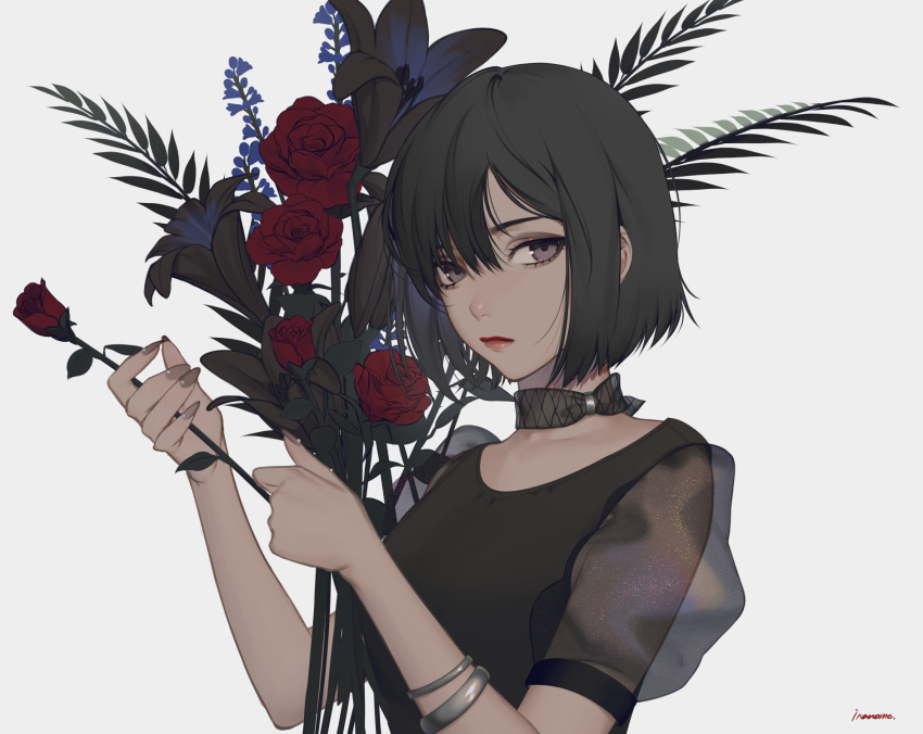 black_flower black_nails blue_flower bob_cut bouquet bracelet breasts choker closed_mouth female fingernails flower hands_up highres holding holding_flower inanome_me jewelry lily_(flower) lipstick long_fingernails looking_at_viewer makeup medium_breasts nail_polish original red_flower red_rose rose see-through see-through_sleeves short_hair short_sleeves signature simple_background solo upper_body white_background