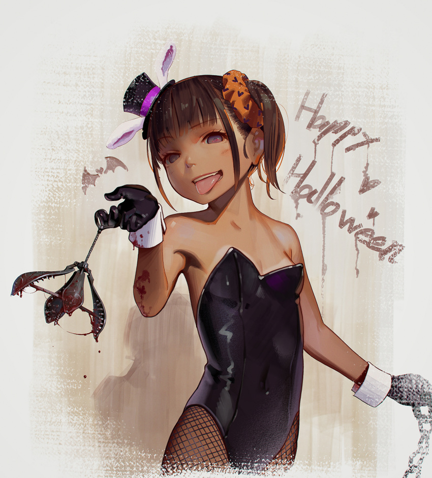 animal_ears bare_shoulders bat_(animal) black_gloves black_hat black_leotard blood blunt_bangs blush breasts chains collarbone commentary_request covered_navel fake_animal_ears female fishnet_pantyhose fishnets gloves hair_ornament hair_scrunchie happy_halloween hat heart highres holding leotard looking_at_viewer mini_hat mini_top_hat muk_(monsieur) original pantyhose parted_lips pear_of_anguish photoshop_(medium) purple_eyes rabbit_ears scrunchie short_hair side_ponytail small_breasts solo spikes strapless strapless_leotard tan tanlines tongue tongue_out top_hat upper_body wrist_cuffs