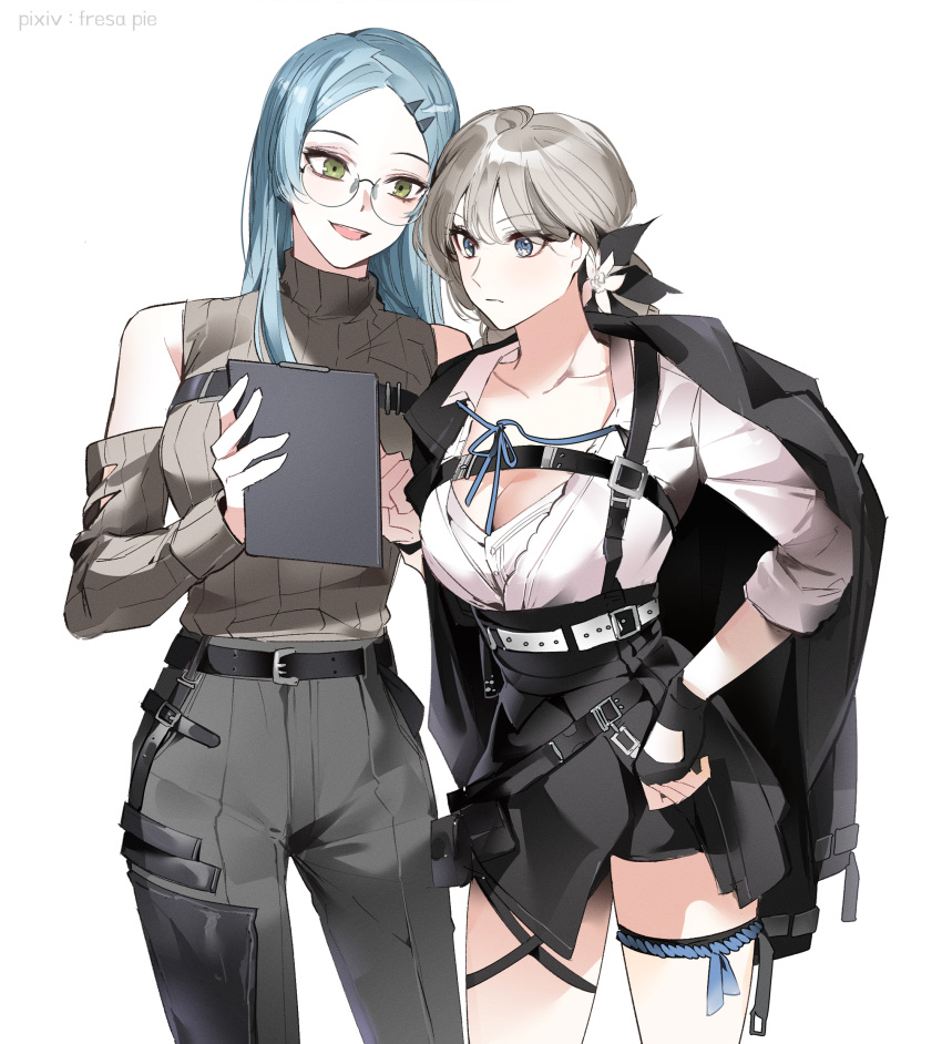 2girls absurdres apc556_(girls'_frontline) belt bike_shorts bike_shorts_under_skirt black_gloves black_jacket black_pants black_shorts black_skirt blue_eyes blue_hair breasts cleavage clipboard collarbone commission cowboy_shot fingerless_gloves fresa_pie girls'_frontline glasses gloves green_eyes grey_hair hair_ornament hairclip highres holding holding_clipboard jacket jacket_on_shoulders large_breasts light_blue_hair long_hair multiple_girls nele_(girls'_frontline) pants pixiv_commission pixiv_username shirt shorts shorts_under_skirt simple_background skirt smile white_background white_shirt