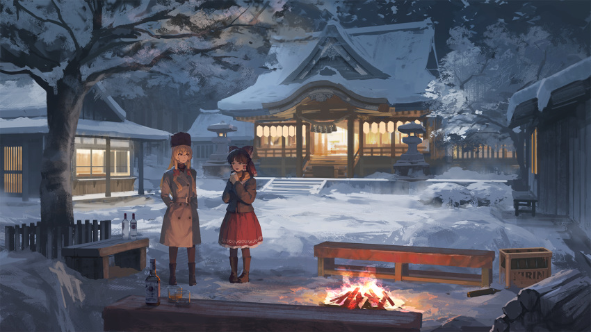 2girls alcohol alternate_costume architecture bare_tree belt bench black_headwear blonde_hair boots bottle bow brown_coat brown_hair buttons campfire coat commentary_request cup drinking_glass east_asian_architecture fence fire firewood forest fur_hat hair_between_eyes hair_ribbon hair_tubes hairbow hakurei_reimu hakurei_shrine hands_in_pockets hands_up hat highres jim_beam_(whiskey) kirin_(beer) knee_boots lantern log long_hair long_sleeves looking_at_another medium_hair mikado_(winters) multiple_girls nature night open_mouth outdoors own_hands_together red_bow red_ribbon red_skirt ribbon scarf scenery shot_glass shrine sidelocks skirt snow standing stolichnaya_(vodka) stone_lantern touhou tree trench_coat ushanka vodka whiskey wide_shot winter winter_clothes yakumo_yukari yellow_scarf