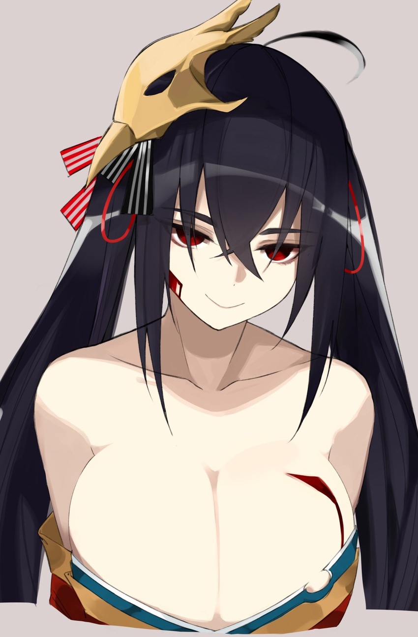 ahoge azur_lane bad_id bad_twitter_id bare_shoulders black_hair bleeding blood blood_on_breasts blood_on_face breasts cleavage closed_mouth collarbone crossed_bangs empty_eyes female grey_background hair_between_eyes hair_ribbon half-closed_eyes head_tilt highres injury japanese_clothes kimono large_breasts long_hair looking_at_viewer mask mask_on_head off_shoulder red_eyes red_kimono red_ribbon ribbon rrr_ato simple_background smile solo striped striped_ribbon taihou_(azur_lane) torn_clothes twintails very_long_hair yandere