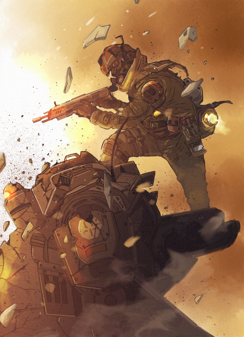 1boy 1other aiming animification atlas_(titanfall) black_gloves brown_scarf from_side gloves gun helmet highres holding holding_gun holding_weapon machinery mecha on_mecha orange_eyes robot scarf science_fiction standing tajima_(minagawa) titan_(titanfall) titanfall titanfall_(series) weapon