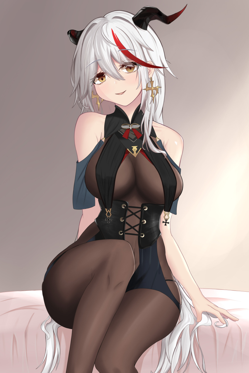 absurdres aegir_(azur_lane) azur_lane black_bodysuit blush bodysuit breast_curtains breasts brown_eyes chinese_commentary corset covered_navel cross cross_earrings curvy demon_horns earrings english_commentary feet_out_of_frame female hair_between_eyes hair_intakes highres horns iron_cross jewelry large_breasts long_hair looking_at_viewer mixed-language_commentary multicolored_hair on_bed parted_lips qingshuisi_yu_ji red_hair sitting skin_tight sleeveless smile solo streaked_hair two-tone_hair underbust very_long_hair white_hair