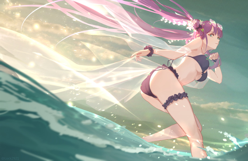 ass bare_shoulders bikini black_bikini blue_eyes blush breasts double_bun eyewear_on_head fate/grand_order fate_(series) female hair_bun hair_ornament heart heart-shaped_eyewear highres large_breasts leaf_hair_ornament long_hair looking_at_viewer ocean purple-tinted_eyewear purple_hair sidelocks smile solo sunglasses swimsuit tenshin_kagehisa thighs tinted_eyewear twintails very_long_hair yang_guifei_(fate) yang_guifei_(honey_lake)_(fate)