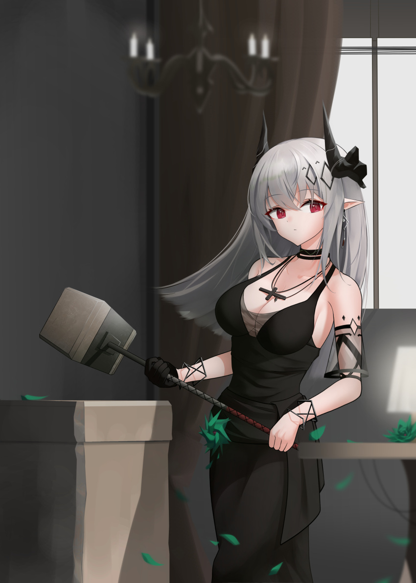 absurdres arknights bare_shoulders black_choker black_dress blurry breasts choker cleavage commentary cowboy_shot detached_sleeves dress epitaph_(ryaf8834) female grey_hair hammer highres holding holding_hammer holding_weapon horns indoors jewelry large_breasts long_hair looking_at_viewer md5_mismatch mudrock_(arknights) mudrock_(obsidian)_(arknights) necklace official_alternate_costume pointy_ears red_eyes resolution_mismatch sleeveless sleeveless_dress solo source_smaller standing weapon