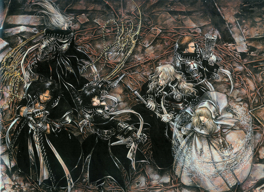 2girls 4boys abel_nightroad chains coat hugue_de_watteau kate_scott leon_garcia_de_asturias long_sleeves looking_at_viewer monica_argento multiple_boys multiple_girls official_art photoshop_(medium) scan shibamoto_thores standing sword tres_iqus trinity_blood uniform weapon