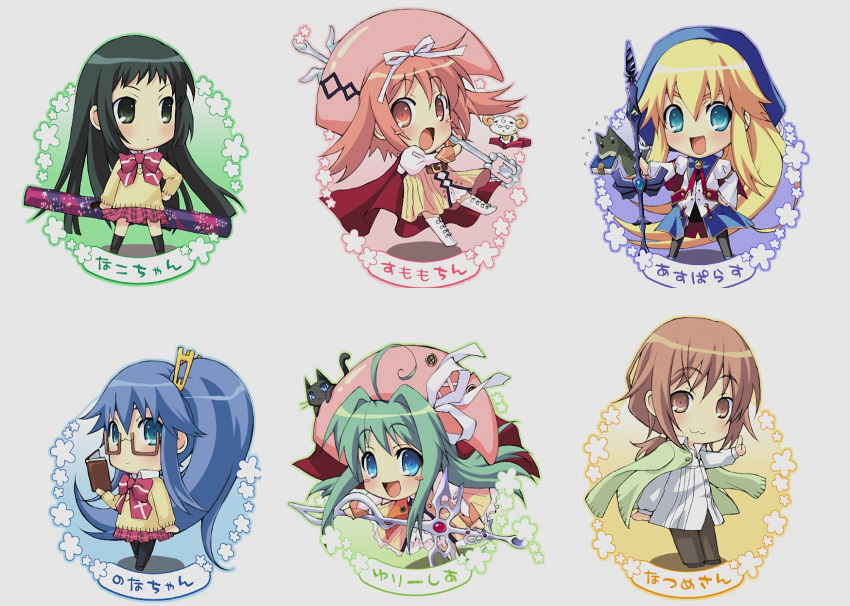 1boy 5girls :3 akihime_sumomo aqua_eyes arthur_matsuda artist_request bell blonde_hair blue_eyes blue_hair blush book brown_eyes brown_hair canine chibi croix dress feline flower green_eyes green_hair happy hat highres kisaragi_natsume long_hair multiple_girls nanatsuiro_drops photoshop_(medium) prima_aspallas red_eyes red_hair ribbon satsuki_julirsia school_uniform serious smile staff translated very_long_hair yaeno_nadeshiko yuki-chan yuuki_nona