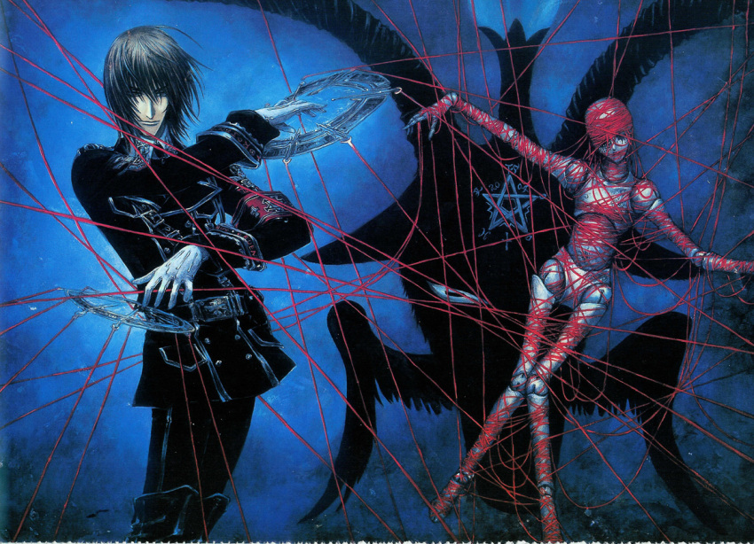 1boy black_hair coat contrapposto dietrich_von_lohengrin long_sleeves looking_at_viewer male_focus official_art pants pentagram photoshop_(medium) pose scan shibamoto_thores standing trinity_blood uniform