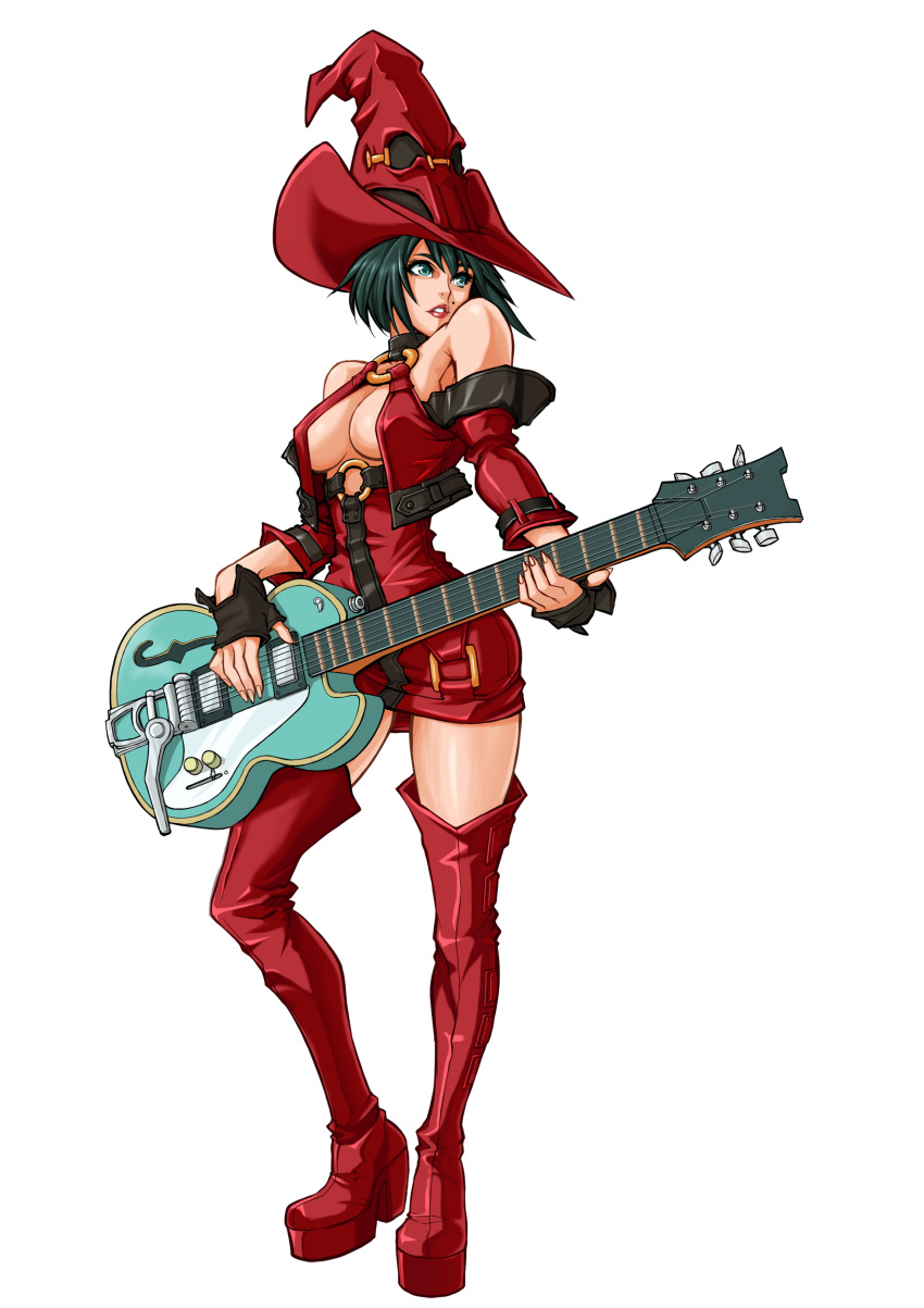 absurdres aqua_eyes bare_shoulders black_hair boots breasts breasts_apart buckle cleavage cropped_jacket dress electric_guitar female fingerless_gloves fingernails full_body gloves guilty_gear guilty_gear_xx guilty_gear_xx_accent_core guitar halterneck hat high_heel_boots high_heels highres holding i-no instrument jacket large_breasts leather lipstick long_fingernails looking_afar makeup mole mole_above_mouth narrow_waist ninnin_(shishitou) no_bra non-web_source o-ring o-ring_top off_shoulder official_art open_clothes open_jacket parted_lips platform_footwear red_dress red_footwear red_hat red_lips short_dress short_hair sideboob simple_background solo standing thigh_boots wide_hips witch_hat zettai_ryouiki