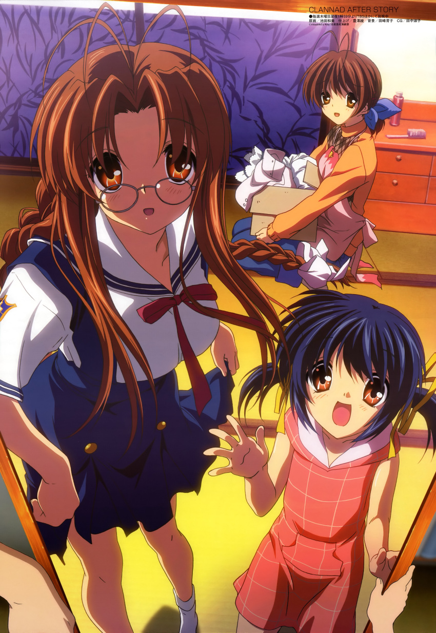 3girls absurdres alternate_hairstyle antenna_hair apron argyle blue_hair blush bow box braid brown_eyes brown_hair casual clannad clothes_lift cosplay costume_switch furukawa_nagisa furukawa_sanae furukawa_sanae_(cosplay) glasses hair_ribbon highres hikarizaka_private_high_school_uniform ikeda_kazumi long_hair megami_magazine multiple_girls non-web_source official_art ponytail ribbon school_uniform serafuku short_hair single_braid skirt skirt_lift sunohara_mei twin_braids twintails