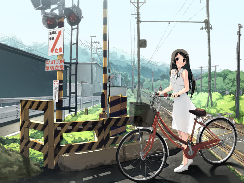 bicycle bicycle_basket black_hair blush boom_barrier brown_eyes building caution day dress female highres kantoku long_hair looking_at_viewer mahou_tsukai_ni_taisetsu_na_koto mahou_tsukai_ni_taisetsu_na_koto:_natsu_no_sora mountain no_socks outdoors parted_lips photoshop_(medium) power_lines railroad_crossing railroad_tracks real_world_location scenery shoes sign skirt sky sleeveless sleeveless_dress solo suzuki_sora utility_pole vanishing_point walking white_dress white_footwear white_skirt wide_shot