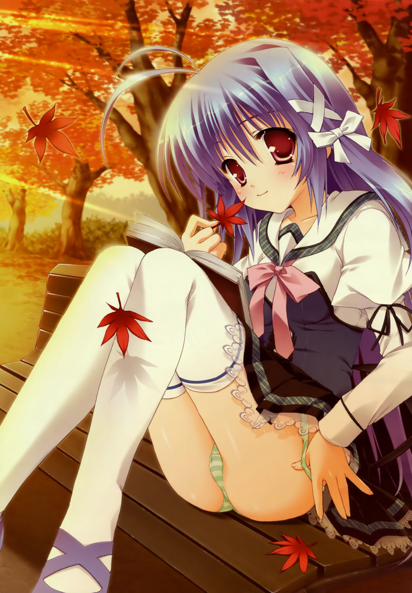 absurdres aoi_kokona autumn autumn_leaves blue_hair bow female green_panties highres hinamatsuri_touko leaf long_hair looking_at_viewer maple_leaf mikoko_(game) non-web_source panties pantyshot pink_bow purple_hair red_eyes school_uniform solo striped_clothes striped_panties thighhighs underwear