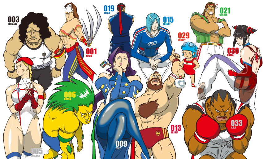 4girls 6+boys absurdres balrog_(street_fighter) blanka brazil cammy_white commentary_request england france germany hakan's_daughters highres hugo_andore italy japan juri_han korea mexico multiple_boys multiple_girls nappii_(nappy_happy) native_american photoshop_(medium) remy_(street_fighter) rose_(street_fighter) ryu_(street_fighter) soccer spain street_fighter thunder_hawk turkey_(country) united_states vega_(street_fighter) zangief