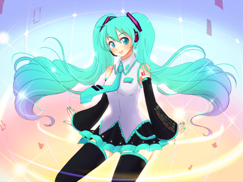 aqua_eyes aqua_hair commentary_request detached_sleeves female hatsune_miku headset long_hair maiko_(yoshida308) necktie skirt solo thighhighs twintails very_long_hair vocaloid