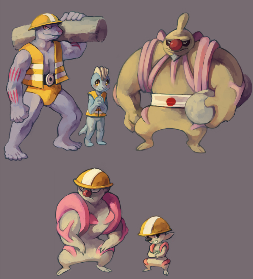 clothed_pokemon commentary conkeldurr english_commentary fangs full_body glitchedpuppet gurdurr hat helmet highres machoke machop pokemon pokemon_(creature) pokemon_mystery_dungeon reverse_trap simple_background timburr