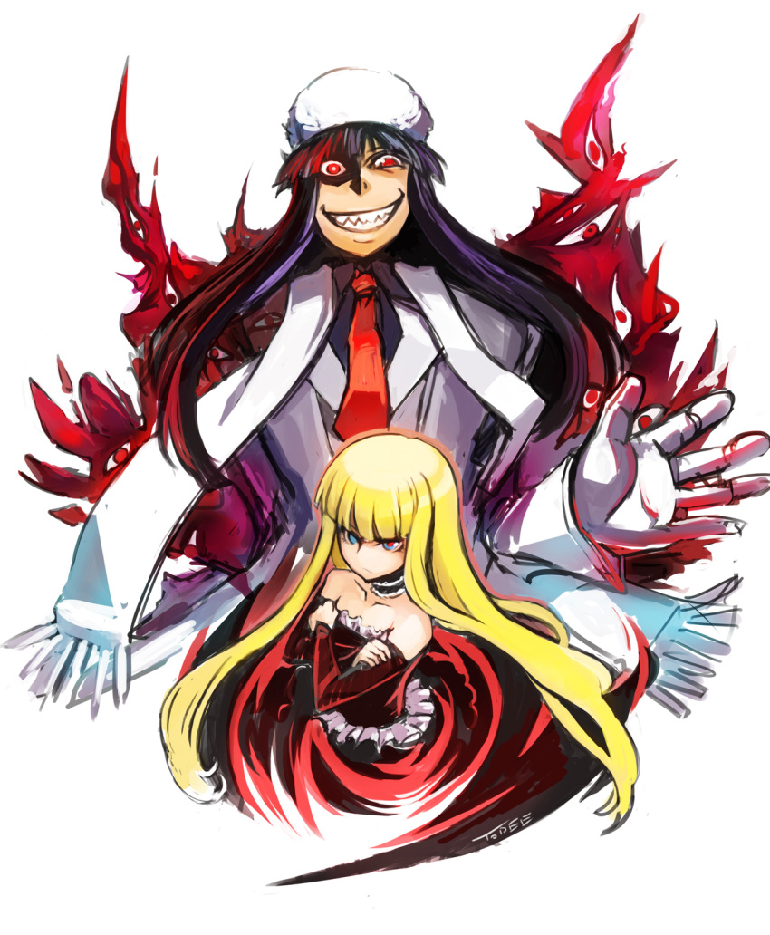 1boy alucard_(hellsing) bare_shoulders black_hair blonde_hair bridal_gauntlets choker commentary_request crazy_eyes crossed_arms crossover dress evangeline_a.k._mcdowell female fur_hat genderswap_(mtf) girlycard gloves glowing glowing_eyes grin hat hellsing hellsing:_the_dawn heterochromia highres long_hair mahou_sensei_negima! necktie photoshop_(medium) red_dress red_eyes rule_63 scarf sharp_teeth signature smile strapless strapless_dress teeth todee vampire