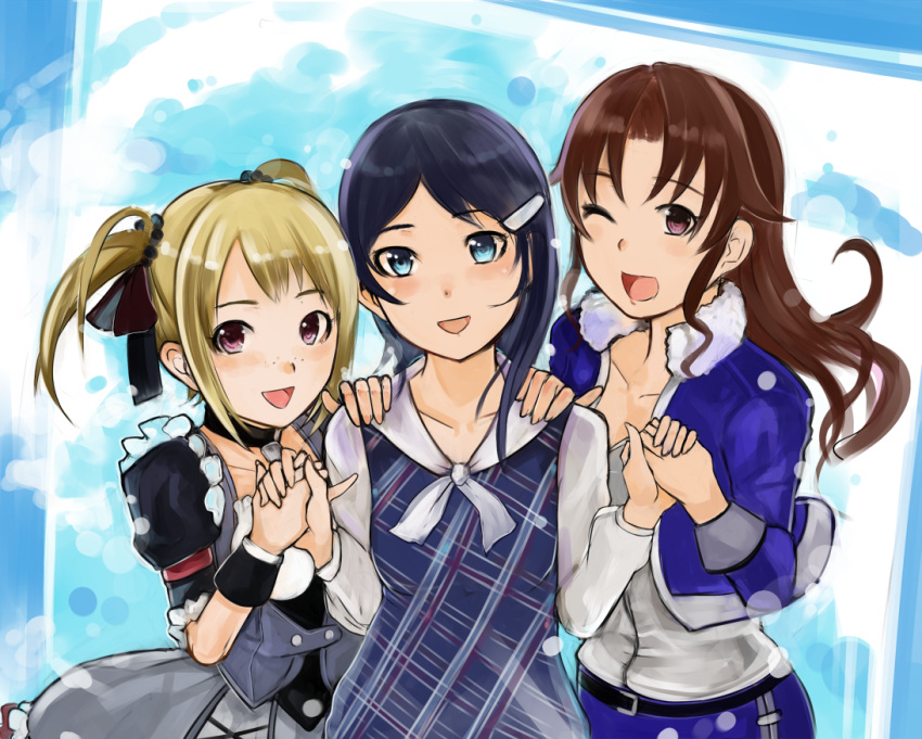 3girls :d ;d belt blonde_hair blue_eyes blue_hair brown_hair choker commentary_request dress hair_bobbles hair_ornament hairclip hand_on_another's_shoulder holding_hands idolmaster idolmaster_dearly_stars long_hair mizutani_eri multiple_girls nerotarou one_eye_closed open_mouth ozaki_reiko pink_eyes plaid purple_eyes smile suzuki_ayane twintails