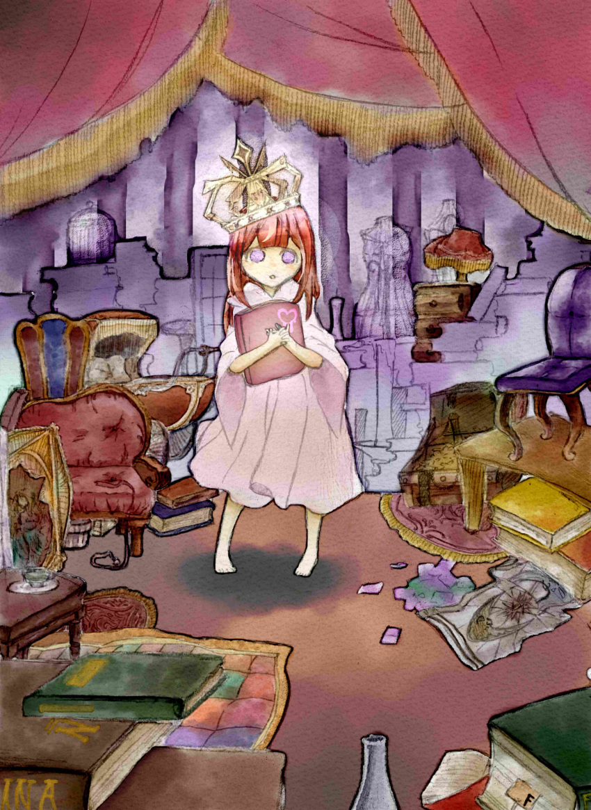 0w0w absurdres barefoot birdcage book cage carpet chair commentary_request couch crown cup doll female highres holding holding_book lamp lampshade leash open_mouth original plate purple_eyes red_hair robe short_hair stroller table teacup traditional_media vial